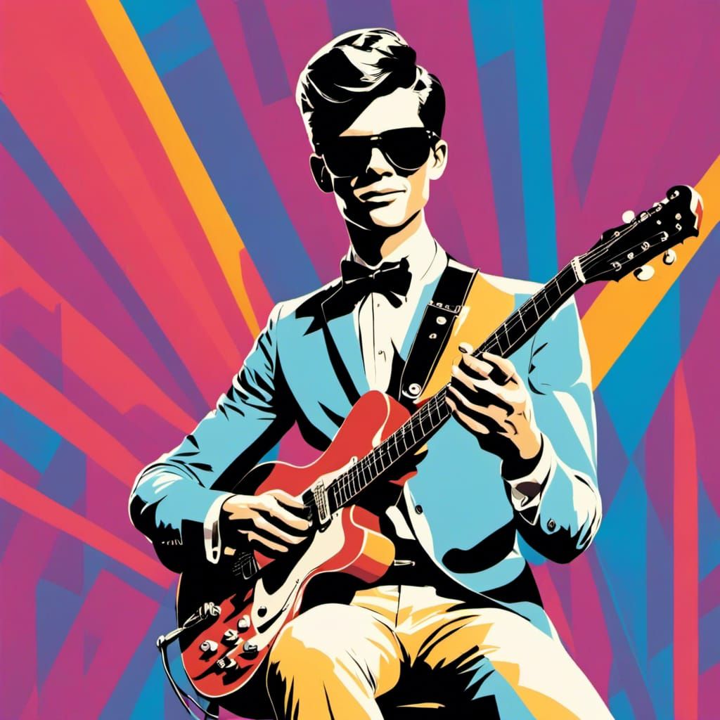 <lora:Fluffmuppets:1.0> half body of a handsome dude , with guitar, mod style fashion, 1960’s popstar. Polychromatic .  <lora:Mid century mo...