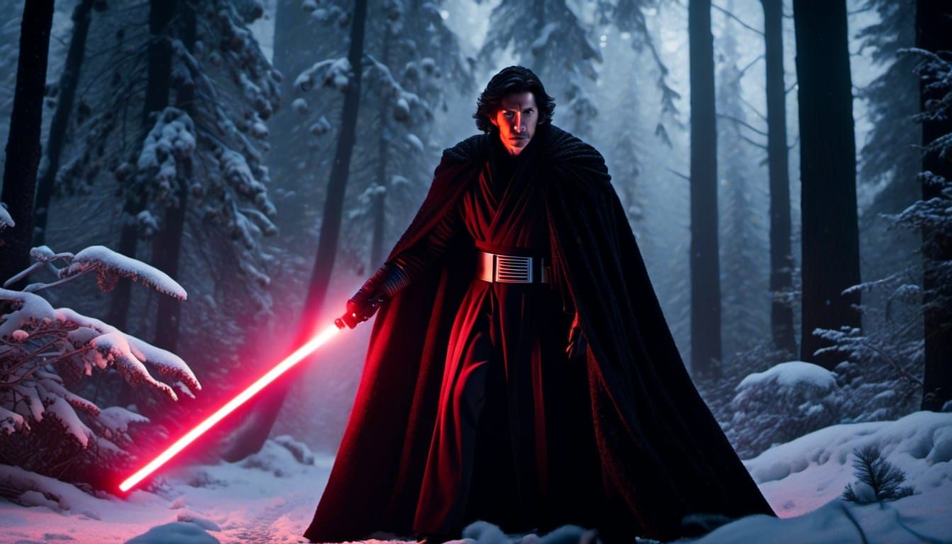 <lora:Sci-Fi Fusion:1.0>  Adam Driver wearing an all-black Sith robe outfit and cape holding a lightsaber in his right hand while standing i...