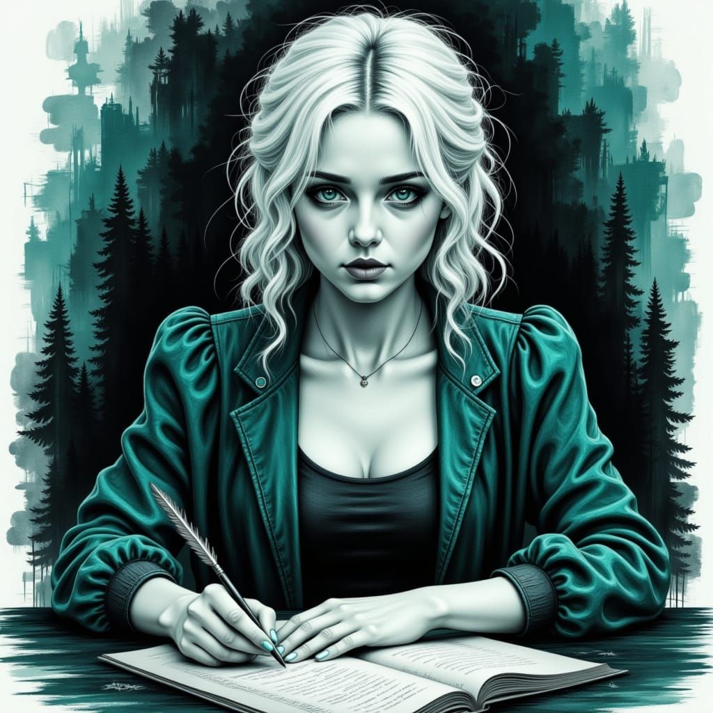 <lora:MrsH-TealMelancholia:1.0> A striking picture of a beautiful woman with curly white hair pinned up loosely,  a slight smile, seated at ...
