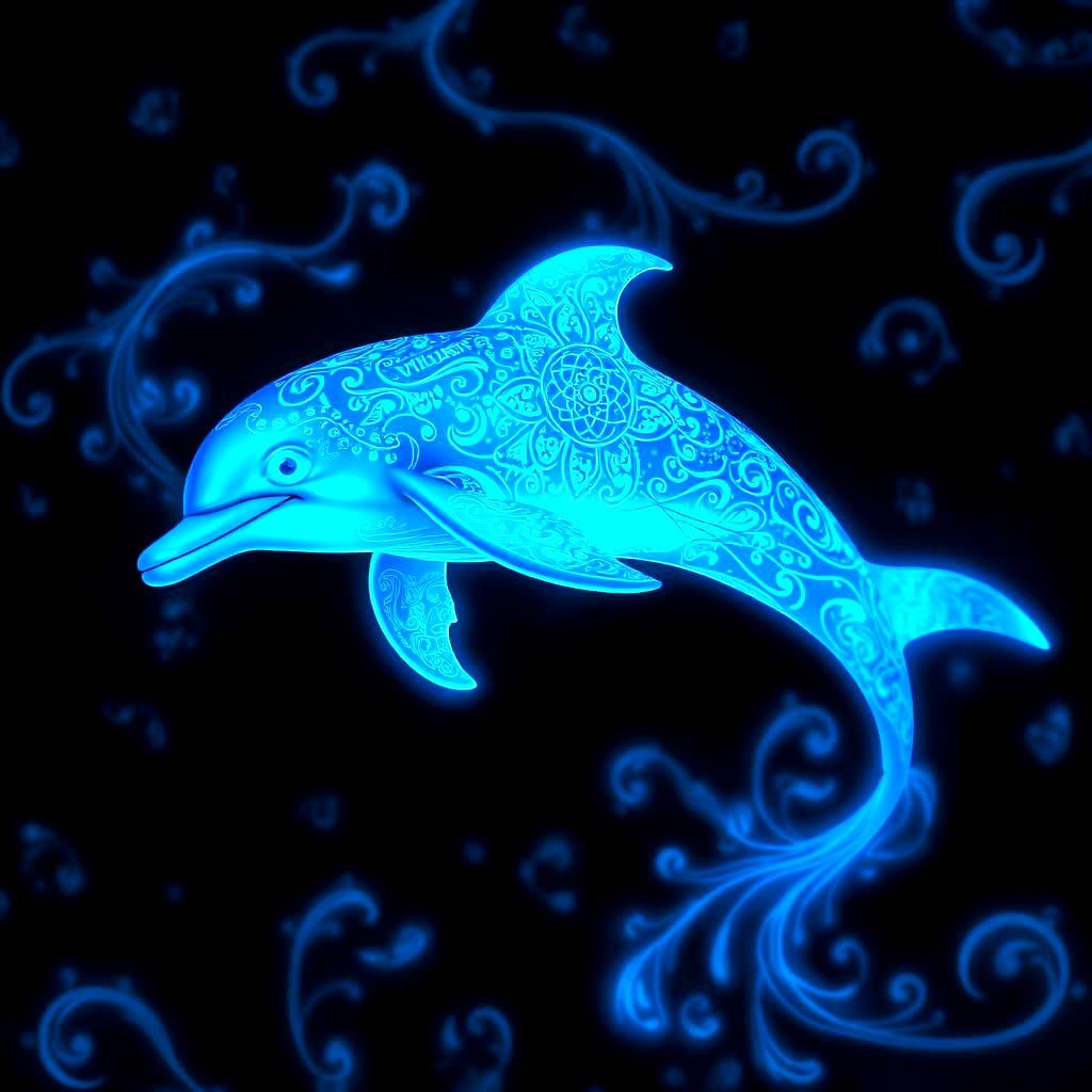 A Dolphin that is bioluminescent and ethereal, with filigree, and a black background filled with blue designs of filigree. The Dolphin is bl...