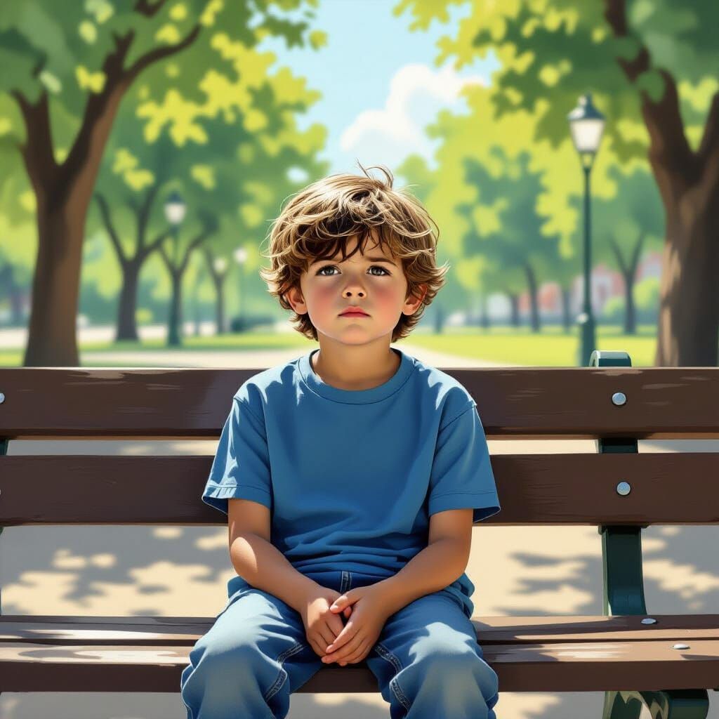 Bored Child on Park Bench in Norman Rockwell Style