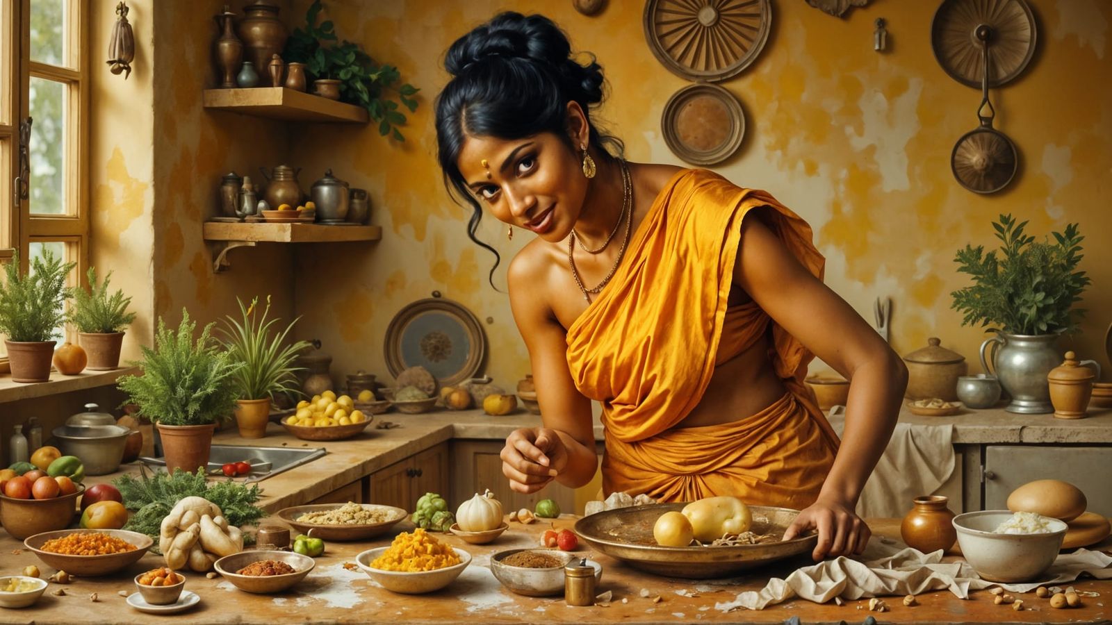 An Ayurvedic cook, a classic Indian female figure, makes direct, bold eye contact while preparing food. She wears only a skinny skirt. The ...