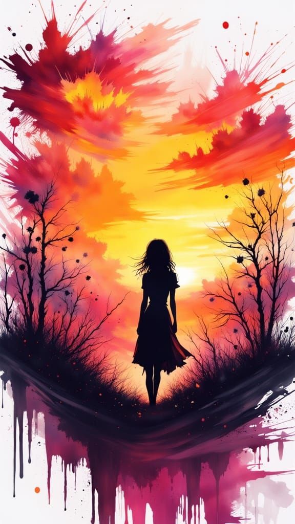 paint splatters // ink splashes watercolour painting colourful splash art black silhouette sunset thick brush strokes <lora:Chroma:1.0>