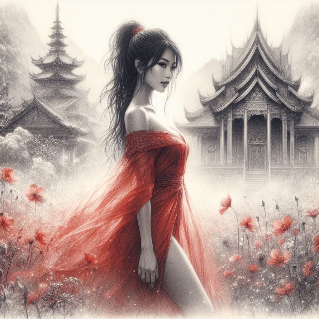 Pencil Sketch of a Beautiful Asian Woman