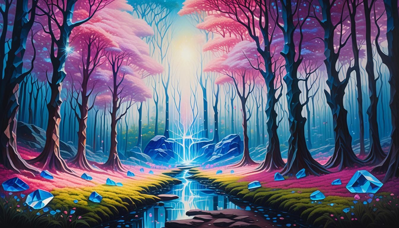 Crystal Trees in Surreal Bioluminescent Forest