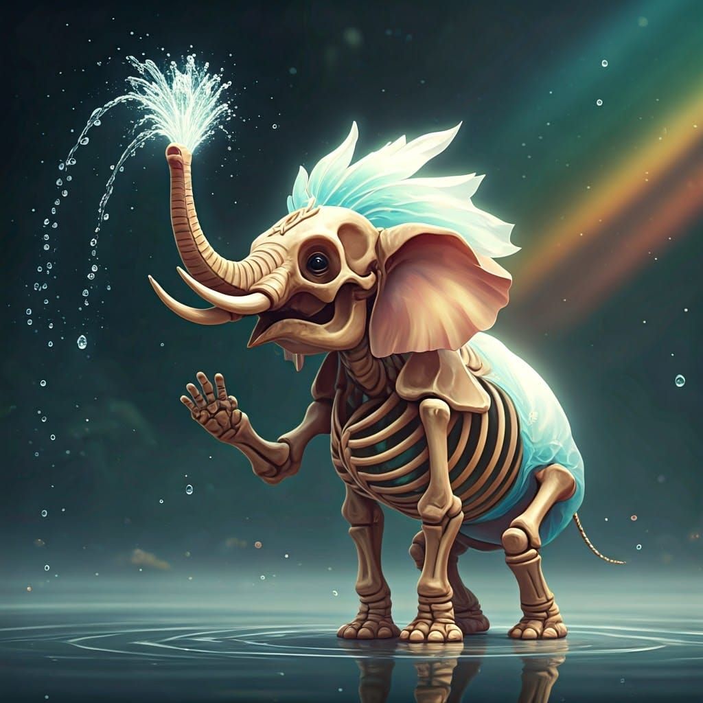 A whimsical skeleton elephant baby spraying water from his u...