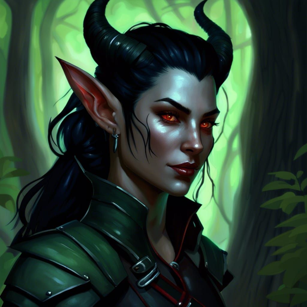 Female tiefling ranger with oily bluish black hair and red eyes, pale ...