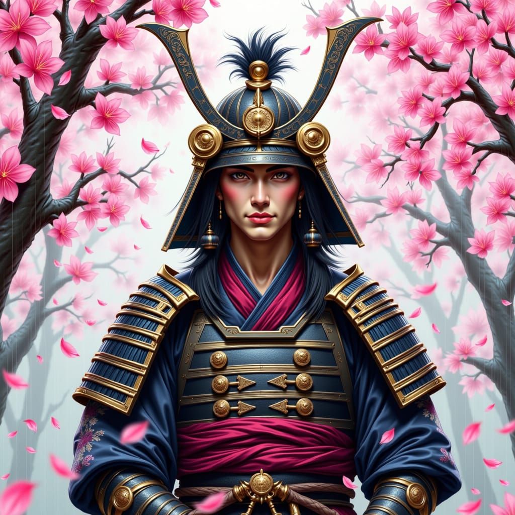 Samurai warrior in traditional armor, wearing a intricately designed kimono, standing amidst delicate cherry blossoms, petals gently falling...