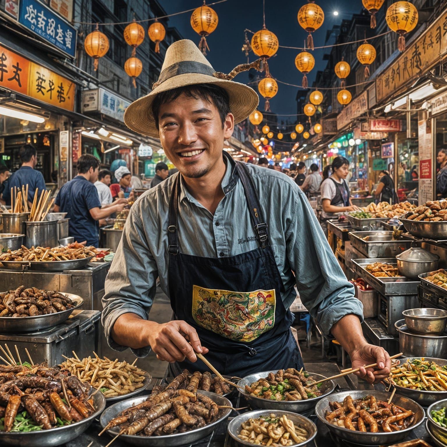 A bustling Asian street food stall at night, illuminated by colorful lanterns, selling exotic dishes ...  by @Dabhi