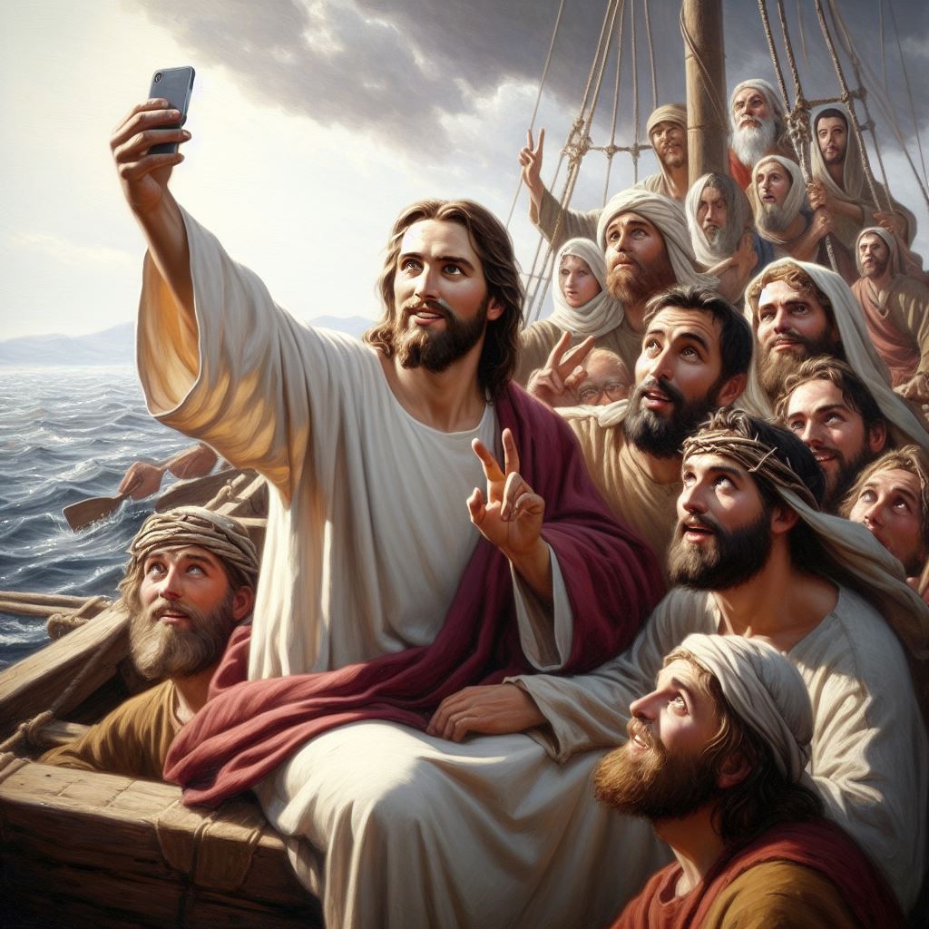 Jesus is taking selfie on a boat with His disciples (they are rather young).