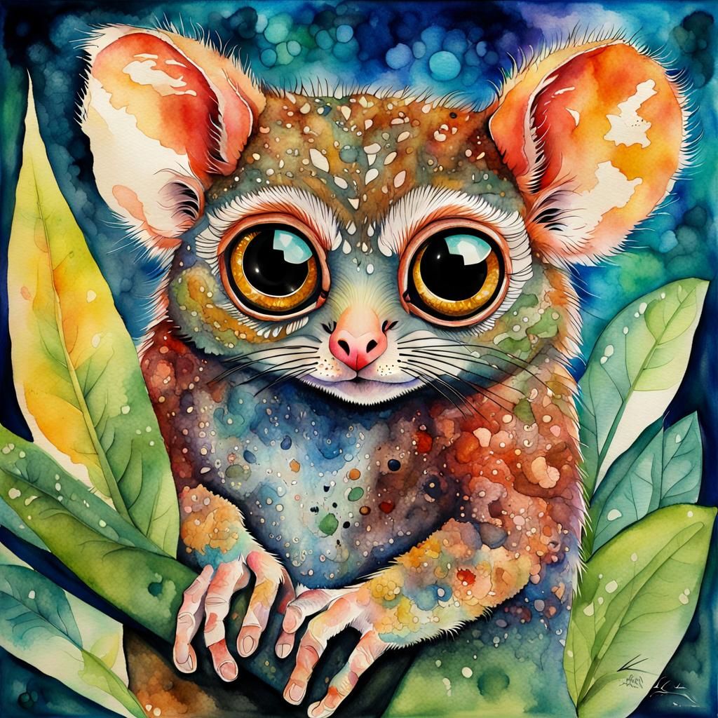 portrait, Tarsier, cute, mixed media, BRIGHT COLORS, poster art, watercolor and INDIA ink, Oxana Zaika, ...  by @Rethy