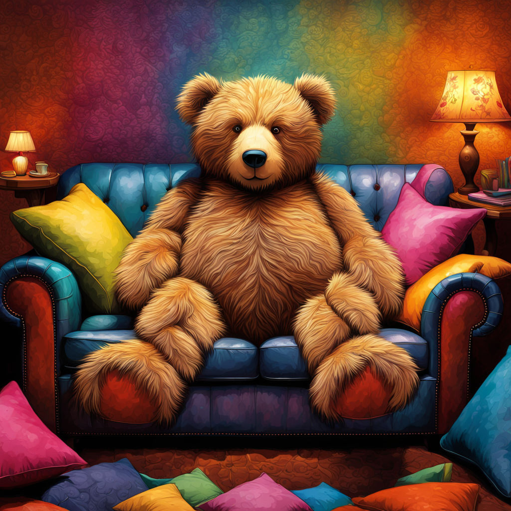 an old teddybear at a sofa