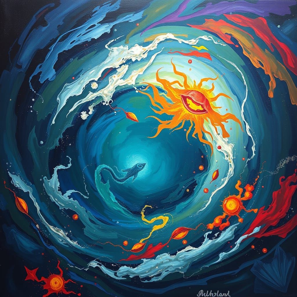 An abstract expressionist interpretation of the deep ocean's crushing pressure and bioluminescent life. Swirls of vibrant color and chaotic ...