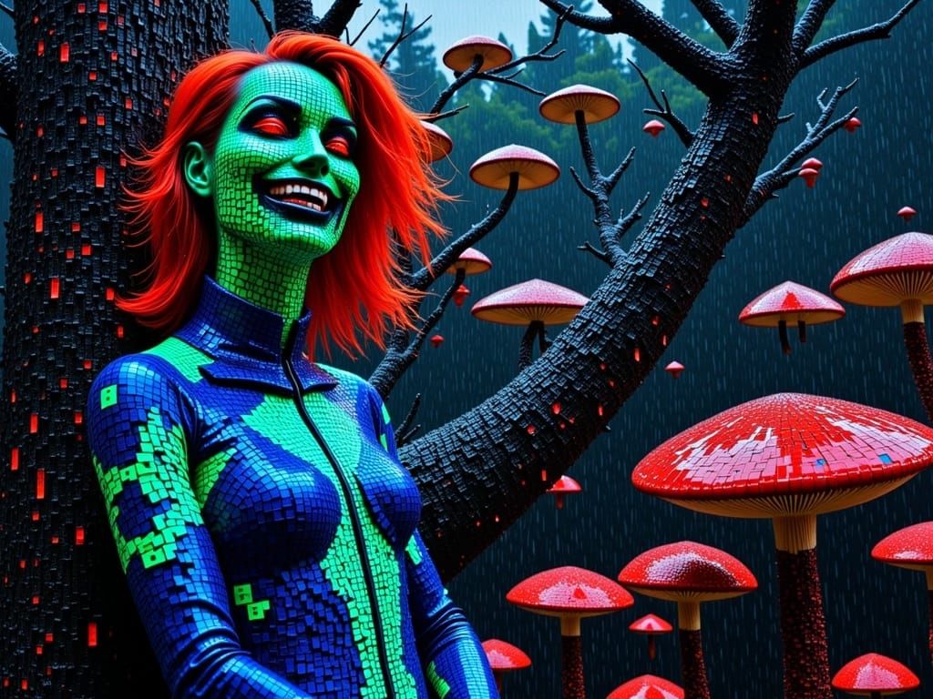 Impasto digital 0s and 1s rain background design, dark whimsical, distorted angle shot, glowing blue clothed man with glowing red eyes, long...