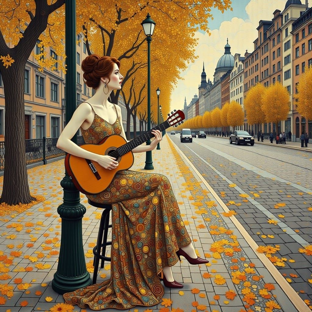 <lora:GoodArtFx:1.0> a work of art in the Gustav Klimt style, a beautiful woman, brown hair, standing at a street corner, playing a guitar,"