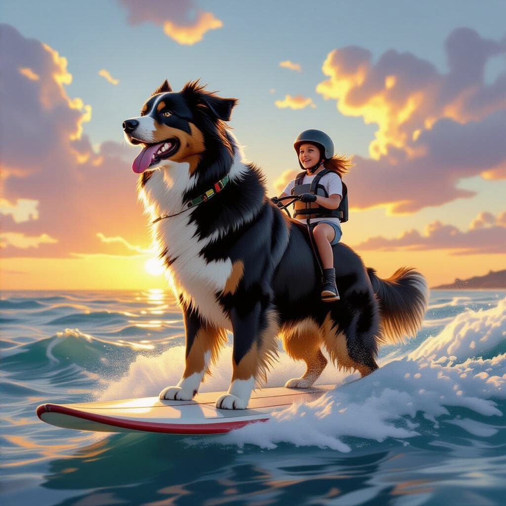Golden Retriever Puppy Surfing: Hyperrealistic Digital Art