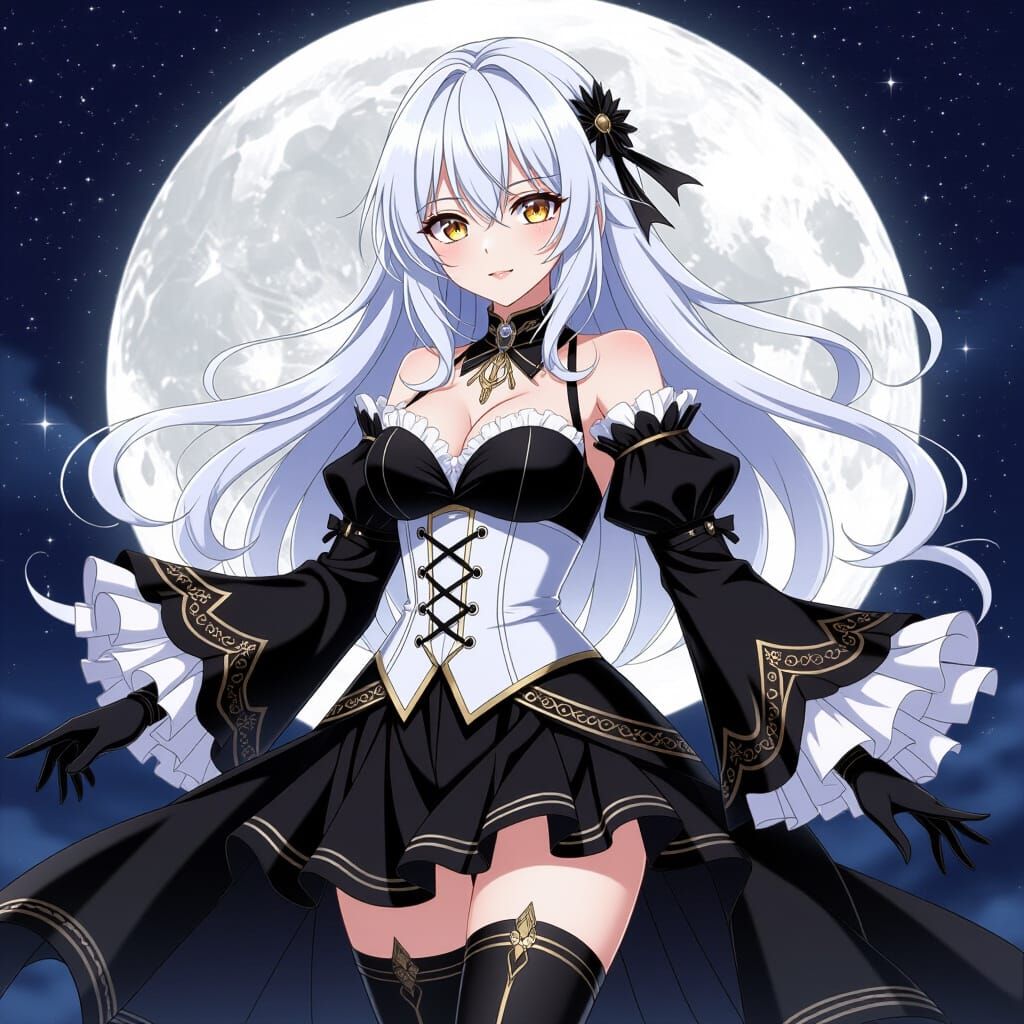 Gabriel standing with the moon behind her and her pure white hair cascading gracefully around her. Her huge chest and curvy figure are accen... - Start Image 1