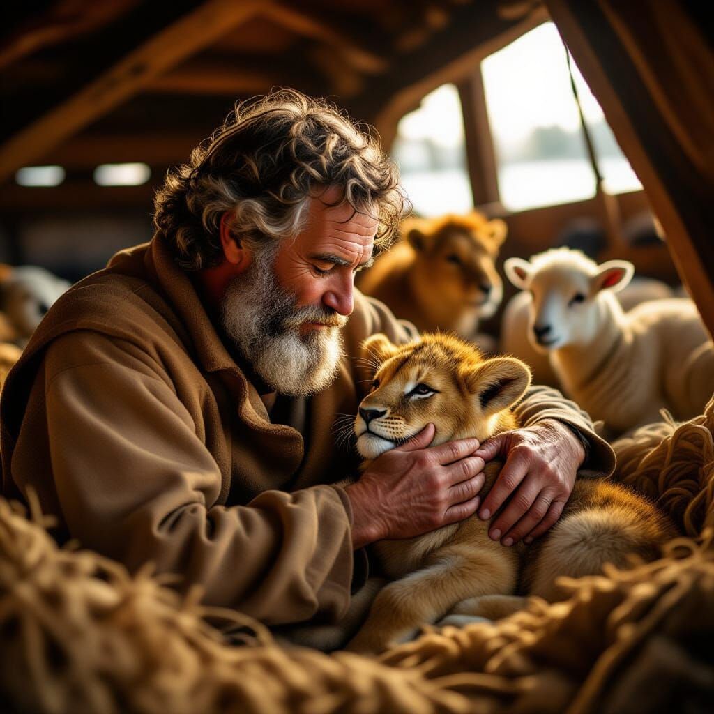 A tender portrait of Noah inside the ark, gently scratching and caring for a friendly animal  by @kaktieup