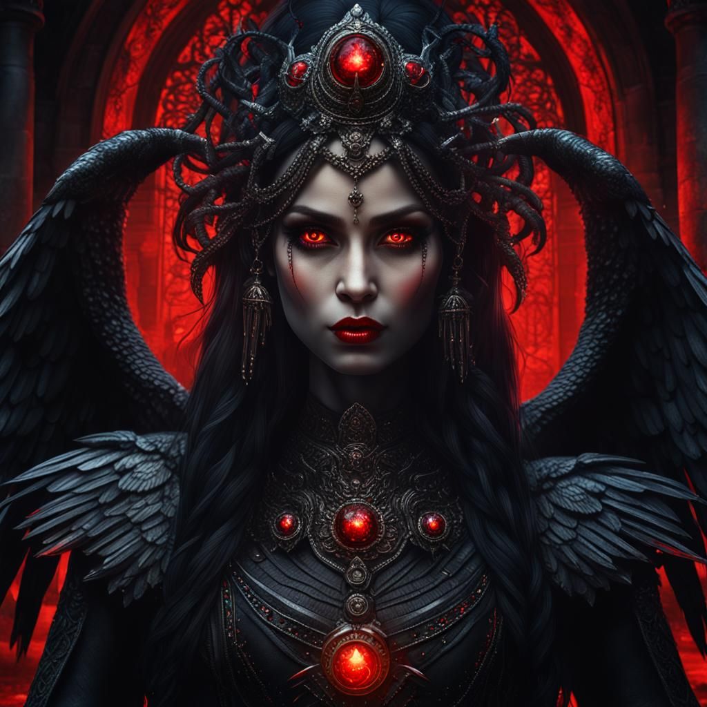 Photorealistic portrait of a majestic evil dark angel goddess. - AI ...