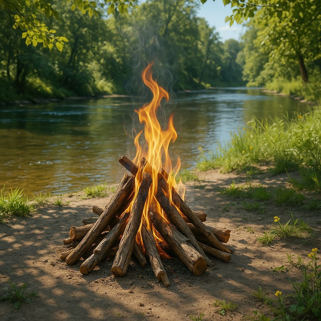 Daytime Campfire on Riverbank in Hyperrealistic Style