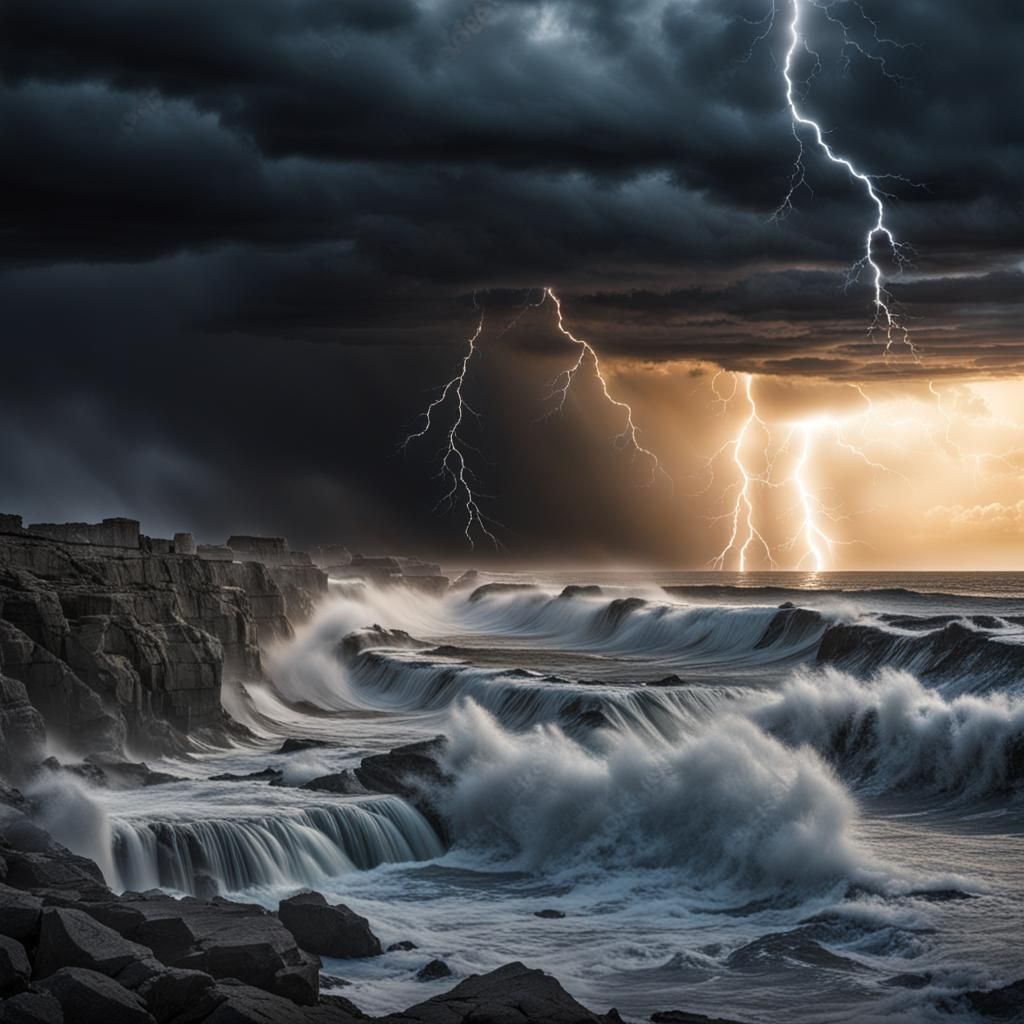 hurricane on the coast at sunrise, dark clouds and lightning...