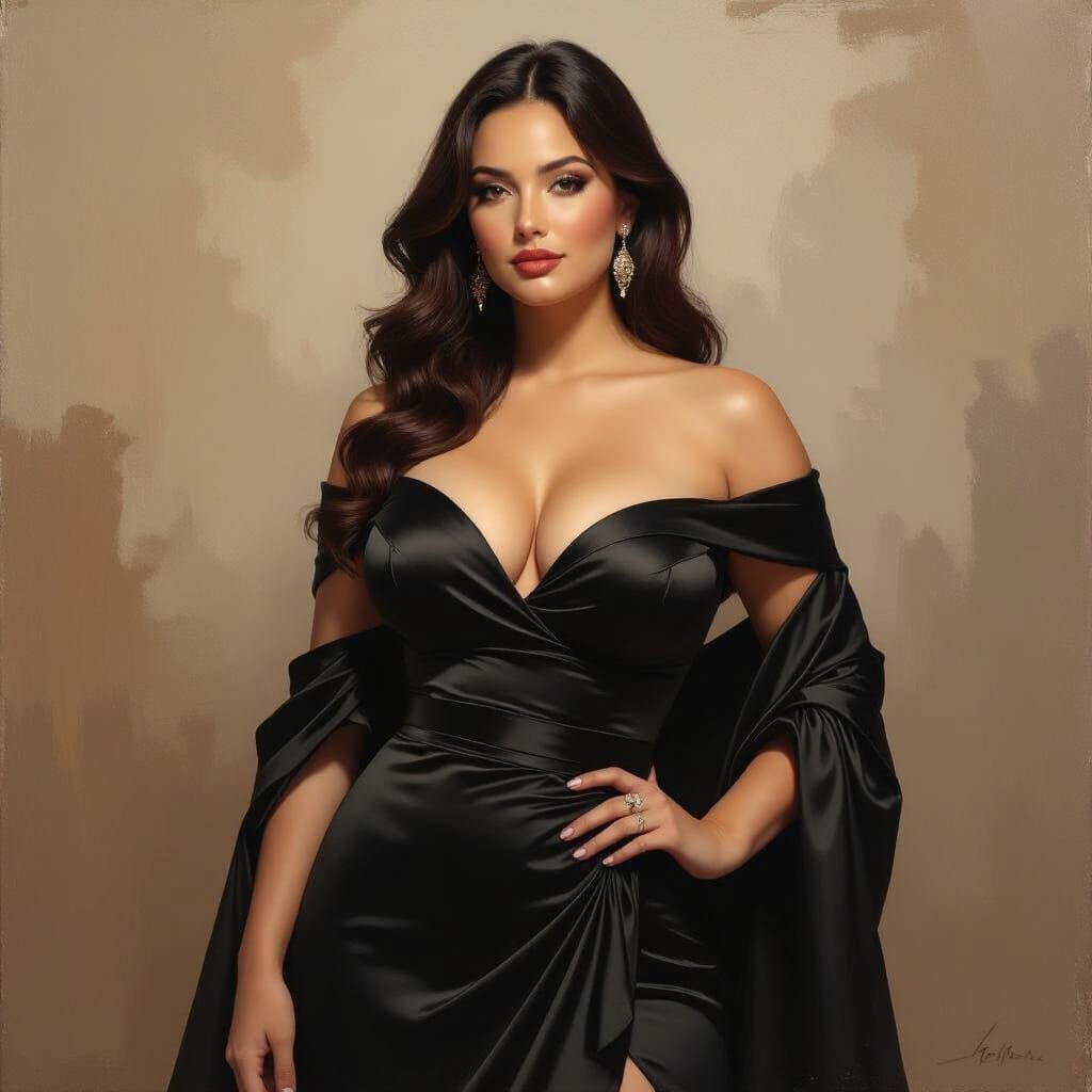 Curvy Brunette in Elegant Attire: An Oil Painting