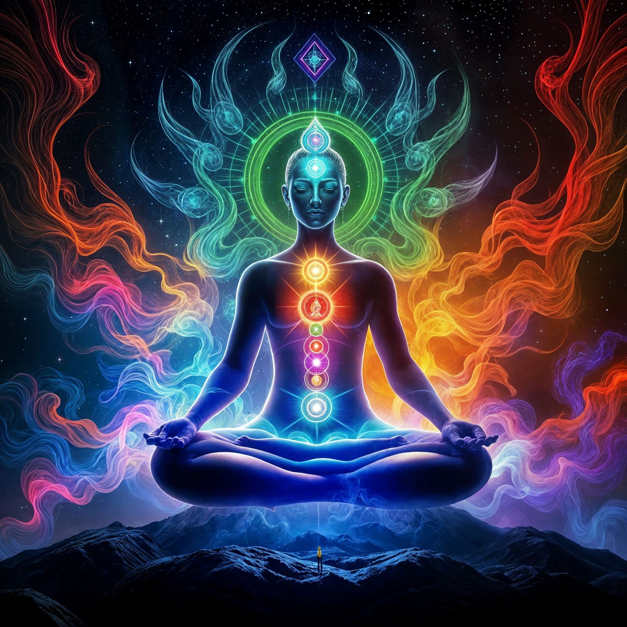 show me with vivid colors from a 5D color spectrum of a spiritual awakening, activating all 7 chakras and finally becoming one with self and...