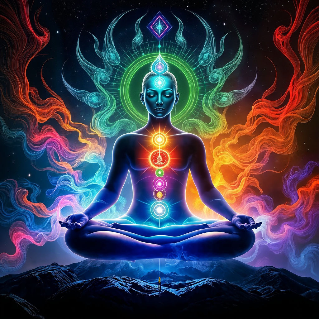 show me with vivid colors from a 5D color spectrum of a spiritual awakening, activating all 7 chakras ...  by @Michael Perkins 