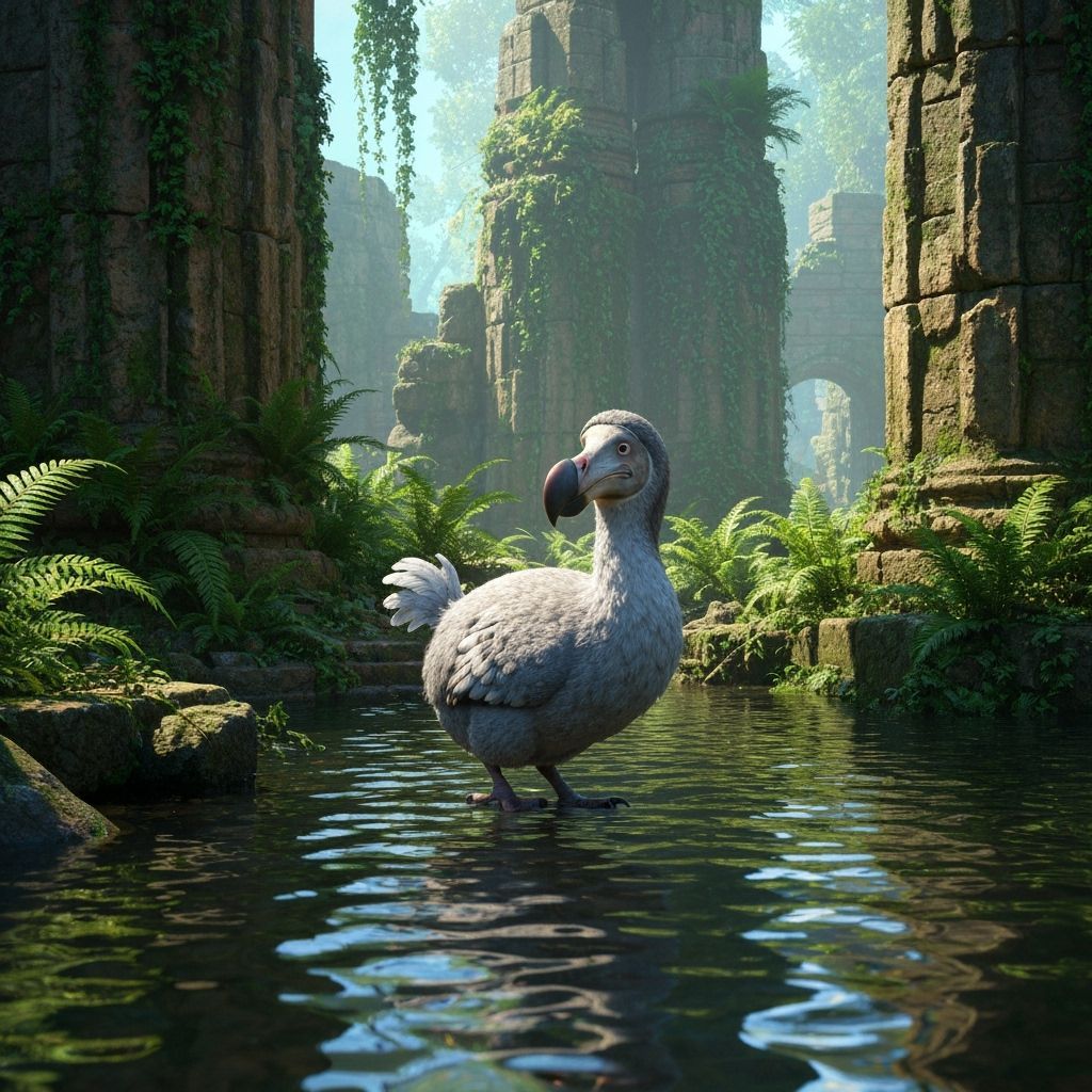 David Miller style. A playful dodo bird walks near overgrown ruins. Medium shot. Sunbeams filter through ...  by @Womblin Wombat