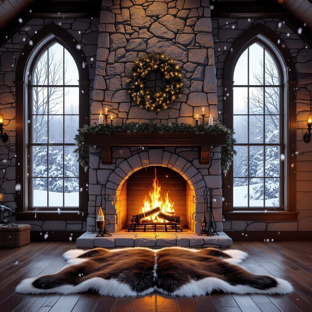 stone fireplace in winter