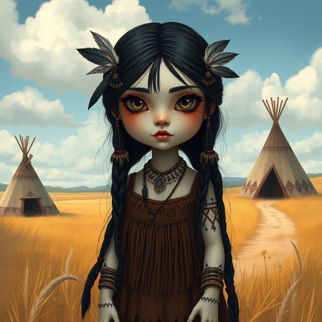 A gothic-style fantasy illustration of a young doll-like girl standing in a golden grassy field near several traditional tipis under a cloud...