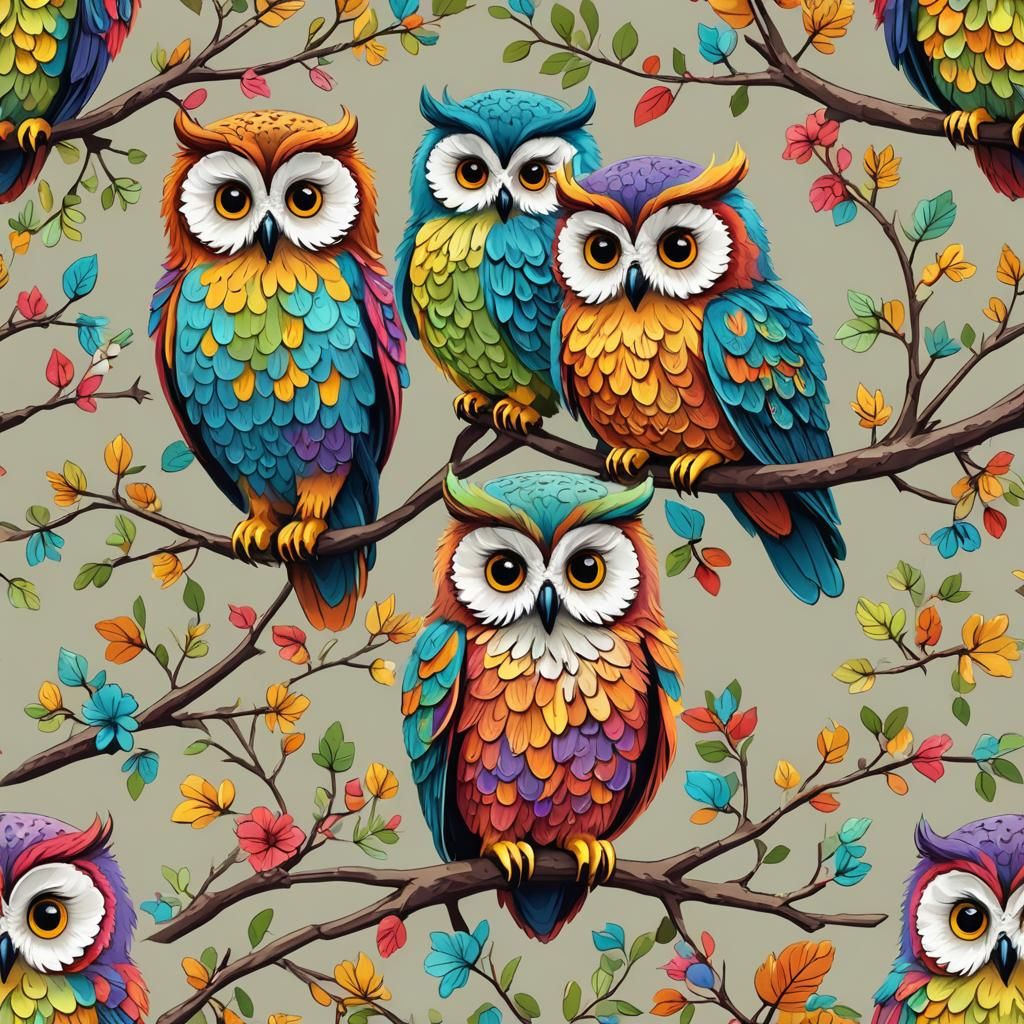 3 cute colorful fluffy owls sitting on a branch.