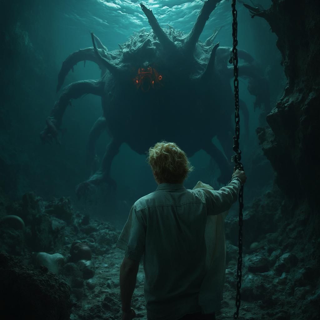 Creepy horror art portrait creations of a sea monster cornering a man at the bottom of the Atlantic Ocean and an evil fe...