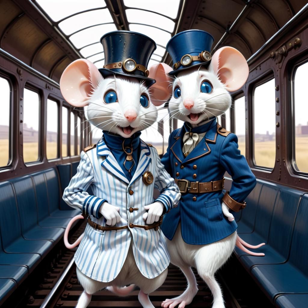 (An Anthropomorphic train-enginner mice:1.3). White and blue...