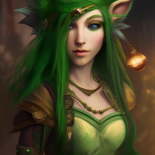 Steampunk elf with green eyes and green hair - AI Generated Artwork ...