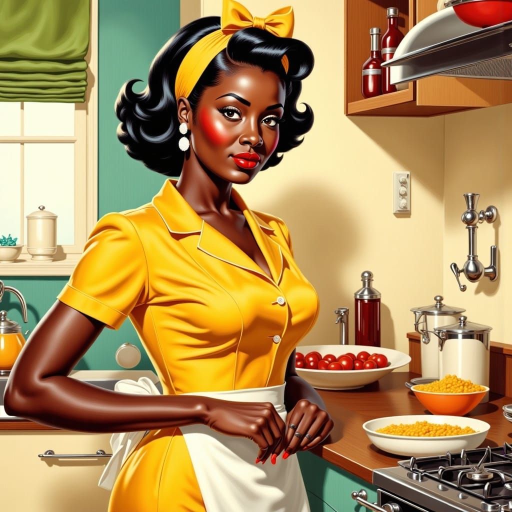 Beautiful dark skin woman wearing a yellow dress and apron in her kitchen, <lora:Retro Rockabilly:1.0> vintage 50s illustration art
