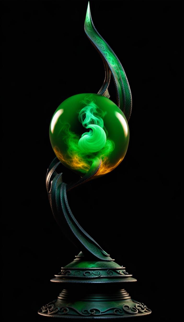 smoke filled green orb in a twisted metal spire, ancient art...