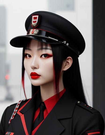 young Japanese woman in a black millitary uniform, black hair with red ...