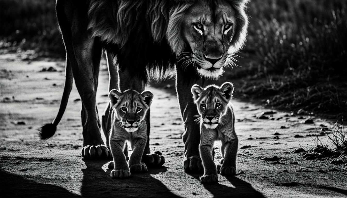 silhouette art of a shadow of a lion with cub. black and white image ...