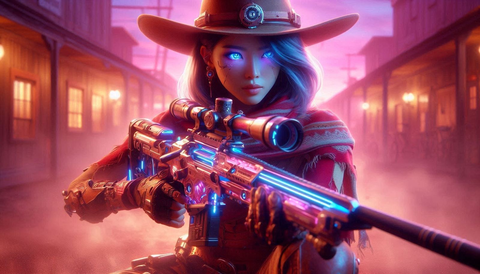 Cyberdesertpunk Blue-Eyed Asian Sniper Cowgirl