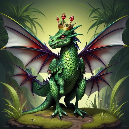 a tiny dragon, adorned with a crown, perched atop a large, v...