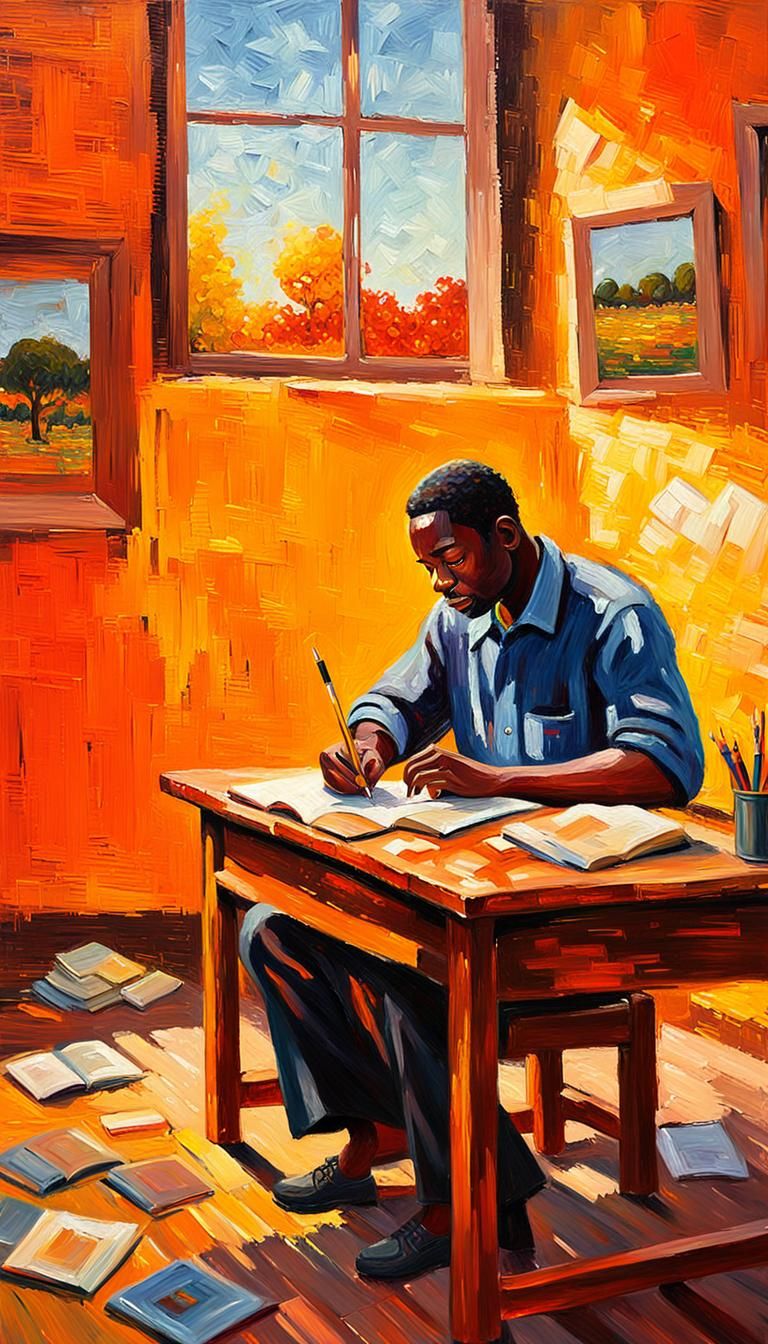 African Author in Neo-Impressionist Expressionist Oil Painti...
