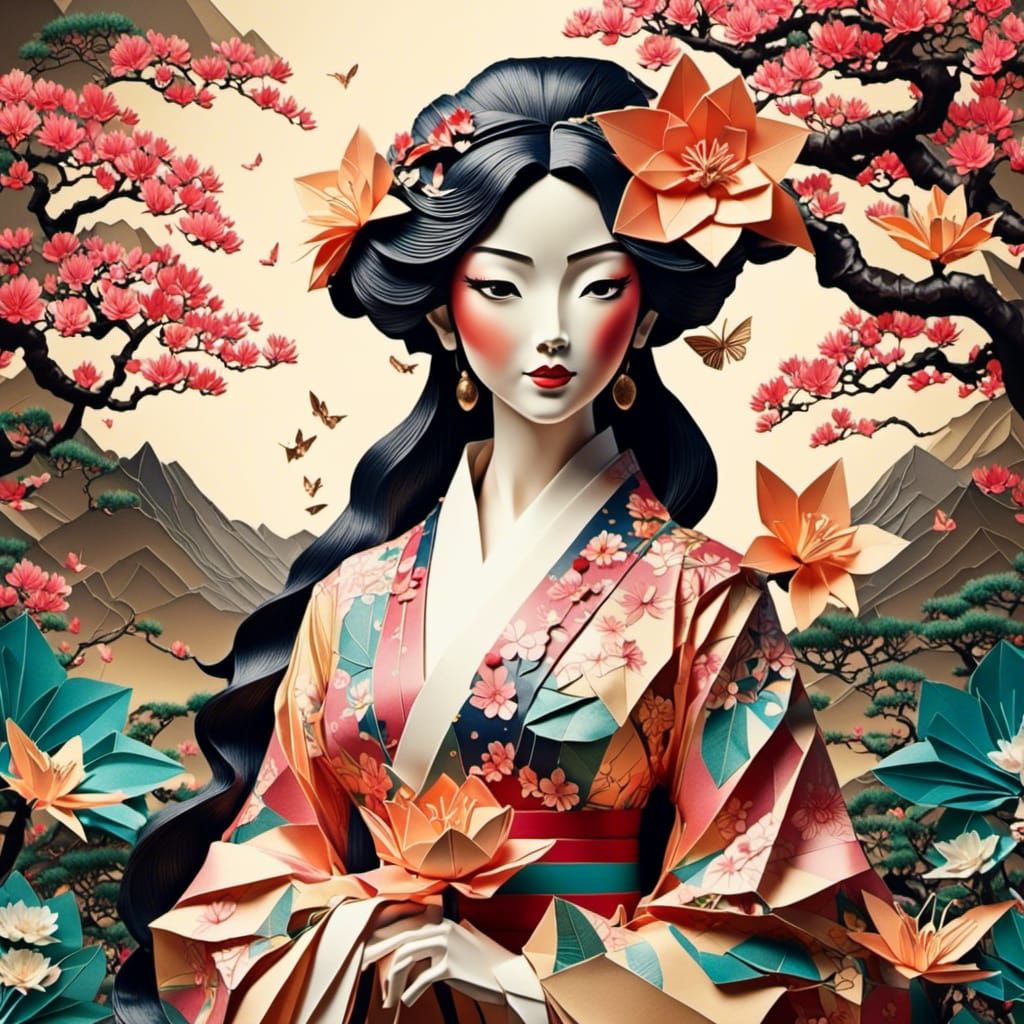 Origami woman holding a flower in a flower garden