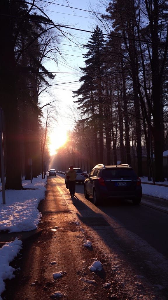 Winter Car in a Sunny Forest Landscape