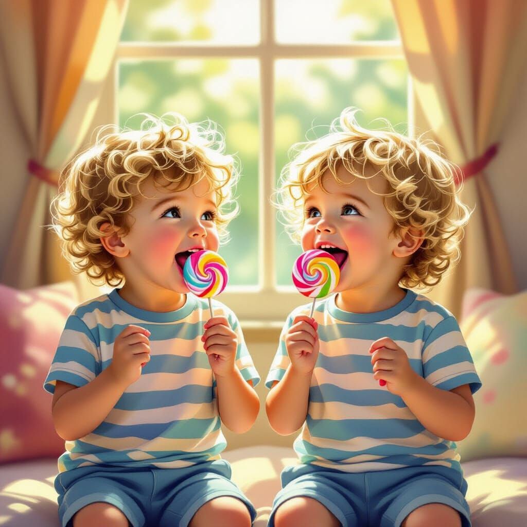 Adorable Twin Children Enjoying Colorful Lollipops
