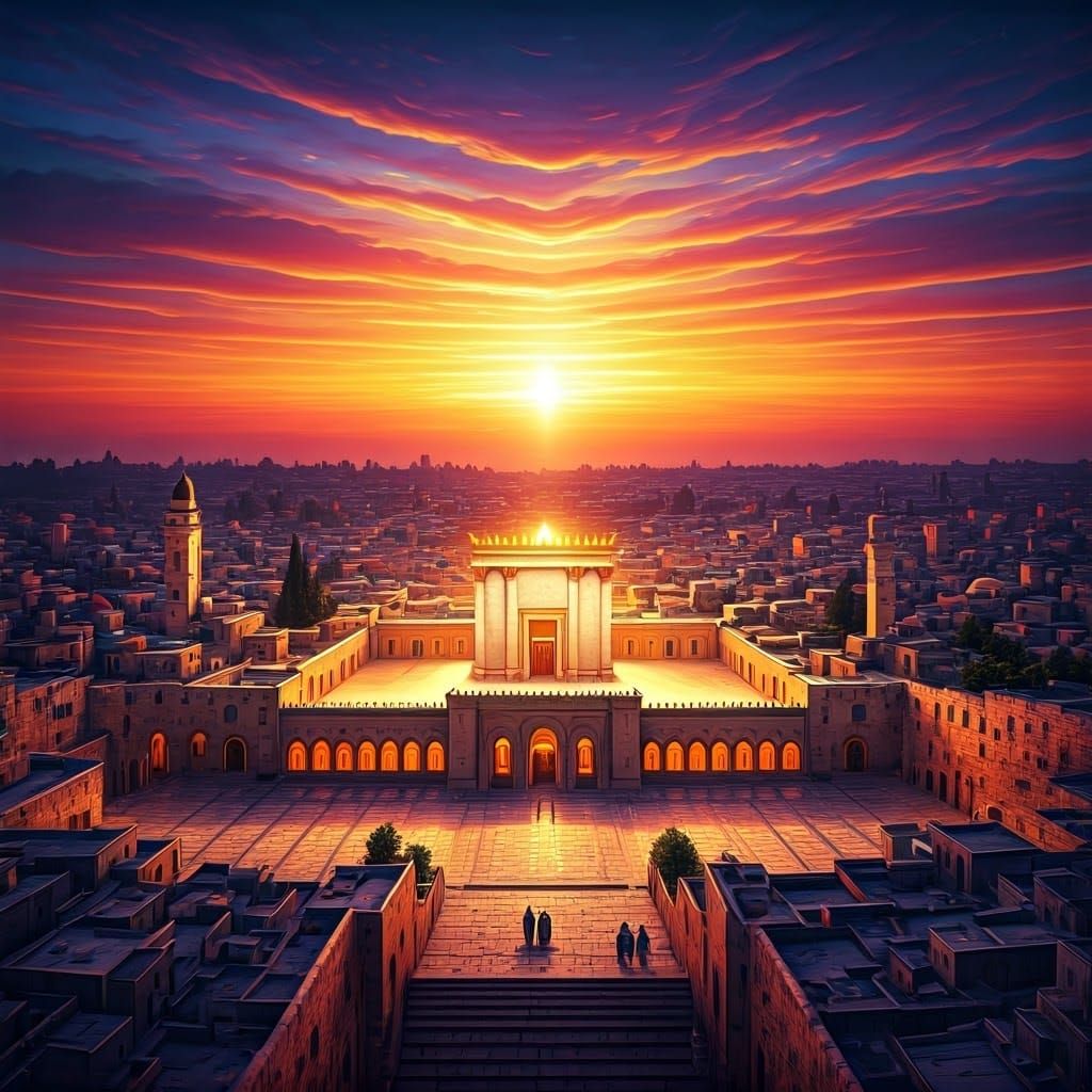 Temple in Jerusalem Radiates Warm Golden Light in Cosmic Sun...
