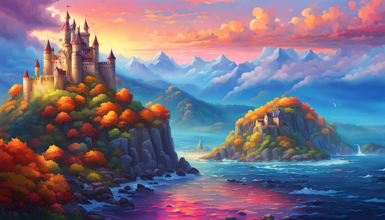 Elaborate oil painting. A serene castle on a cliff top overlooking the ocean, bathed in the soft glow of an enchanted colorful bright autumn...