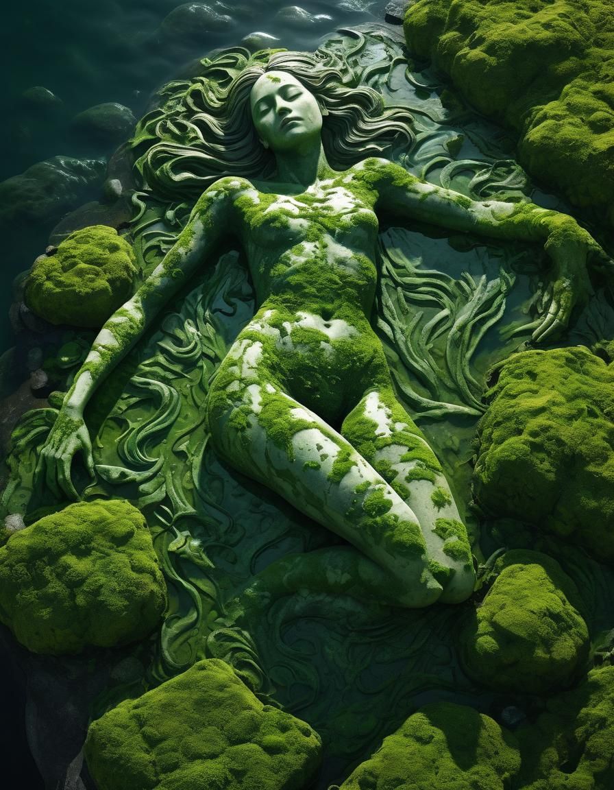 Fishes and the gigantic figure of a laying woman, covered in...