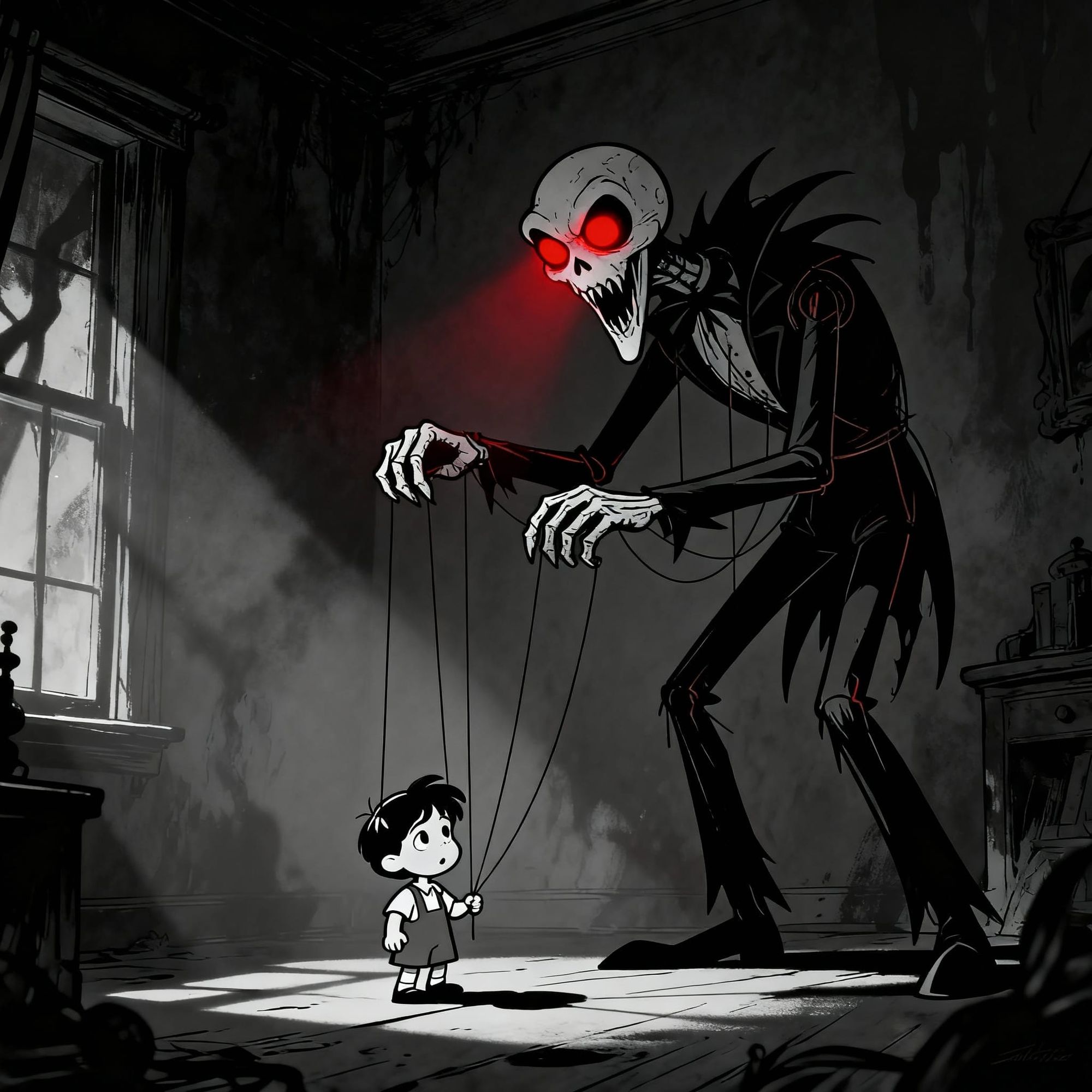 dark cartoon horror, marionette controlling child by strings, shadowy room, exaggerated puppet features, red glowing eyes, cinematic cartoon... - Start Image 1