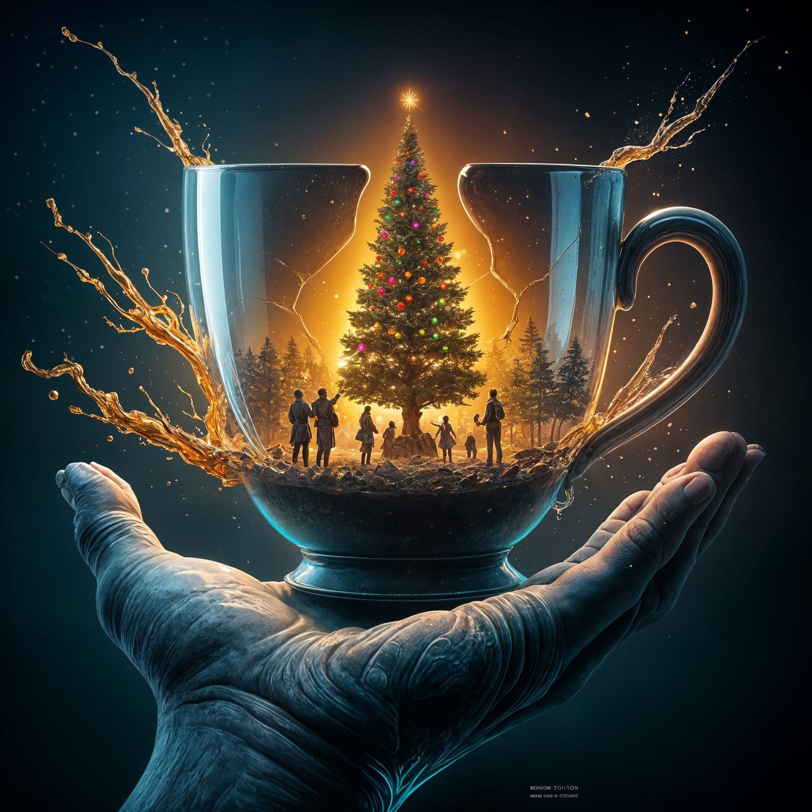 In a huge stone hand there is a huge transparent porcelain cup with a crack in the middle. Inside the ...  by @Zacharo